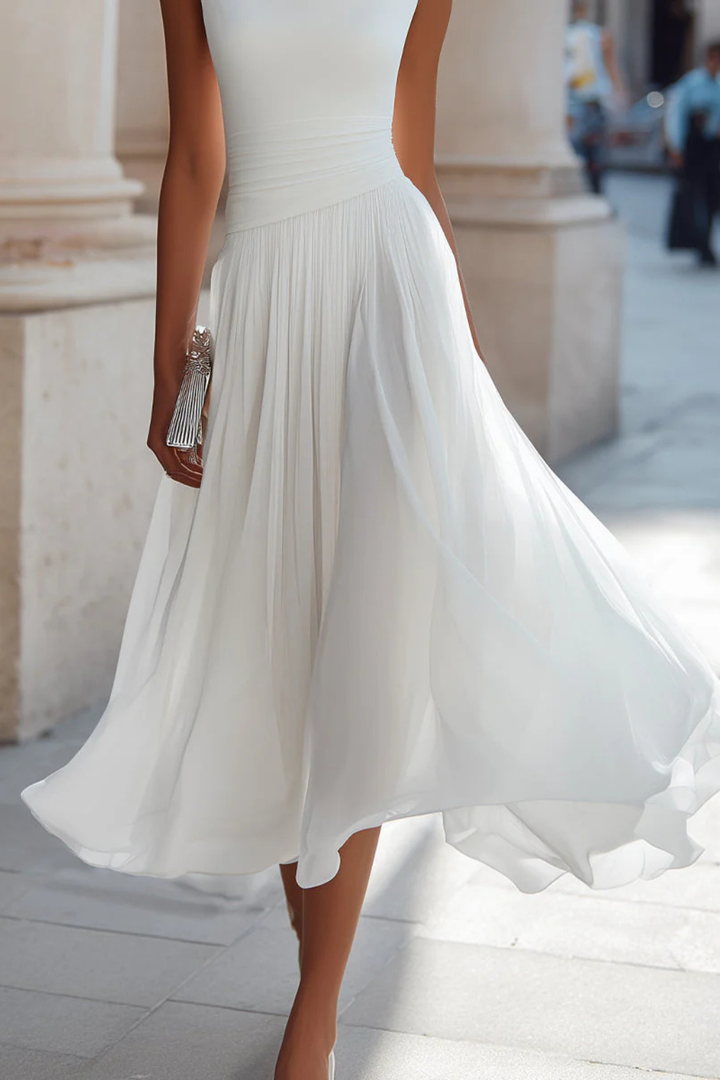 Seraphita | Damen Drapiertes Ärmellos Plissee Midikleid - White - Image 4