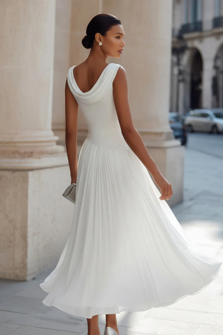 Seraphita | Damen Drapiertes Ärmellos Plissee Midikleid - White - Image 5