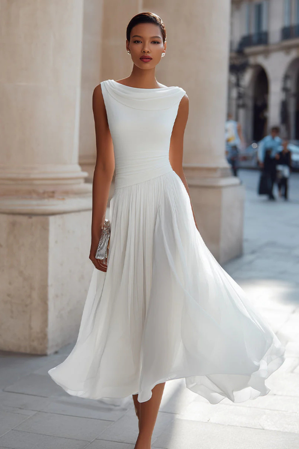 Seraphita | Damen Drapiertes Ärmellos Plissee Midikleid - White - Image 6