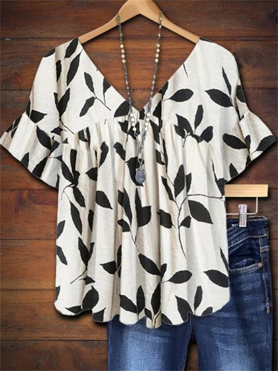 Serenity | Damen Blatt-Print V-Ausschnitt Kurzarm Bluse - White - Image 1