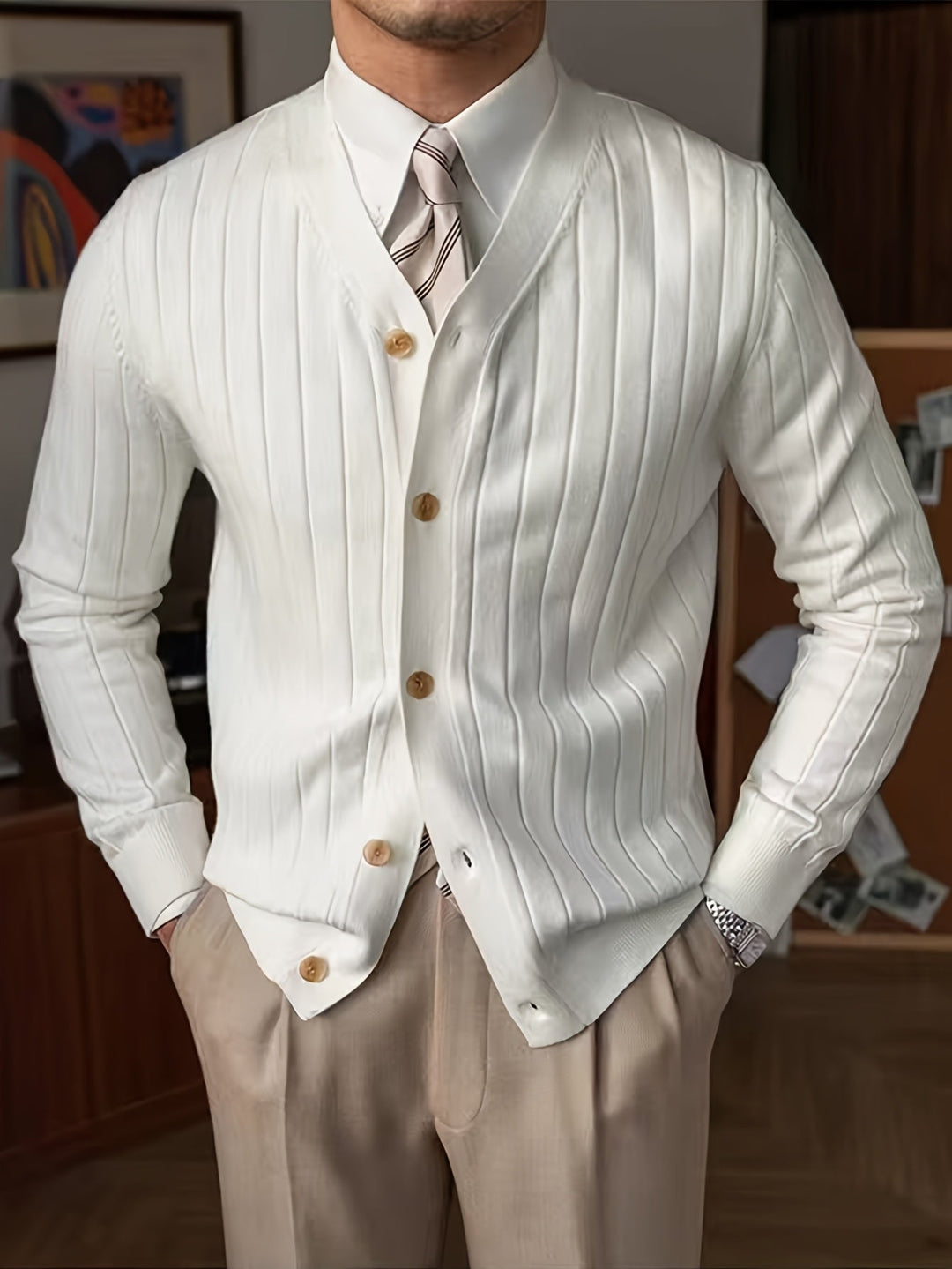 Sieghardt | Herren Strickjacke V-Ausschnitt Rippenmuster - White - Image 2