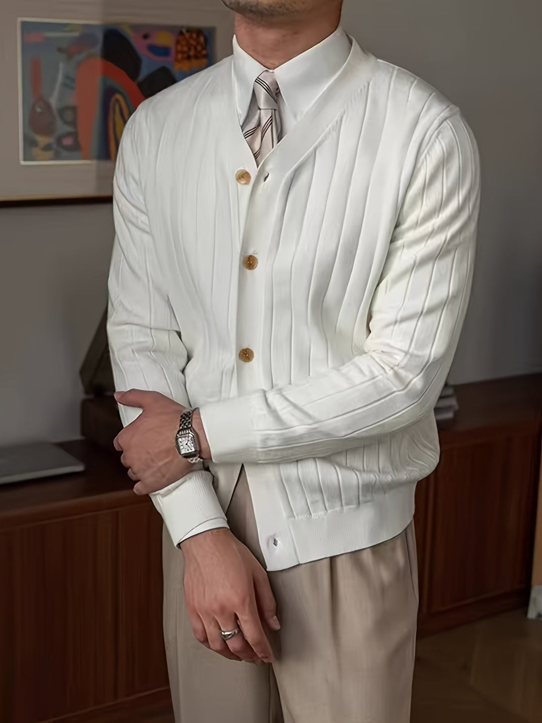 Sieghardt | Herren Strickjacke V-Ausschnitt Rippenmuster - White - Image 4