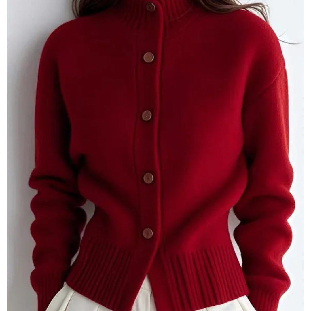 Sigolde | Damen Strickjacke mit Knopfleiste und Stehkragen - Red - Image 1