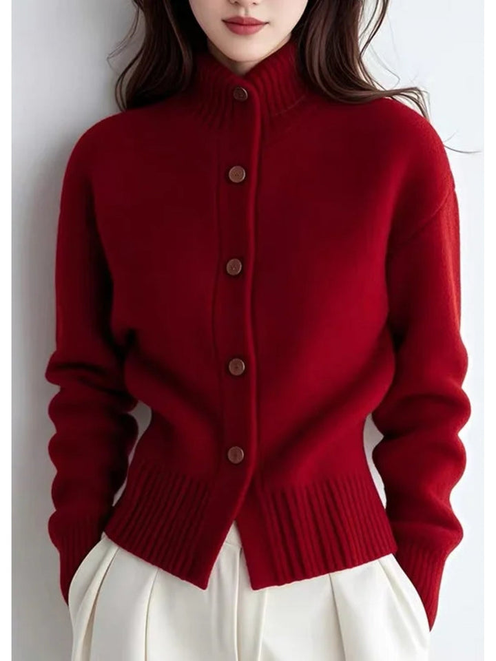 Sigolde | Damen Strickjacke mit Knopfleiste und Stehkragen - Red - Image 3