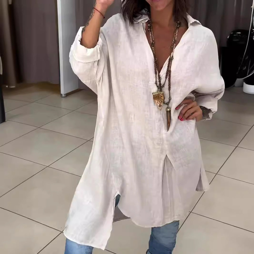Sigrid | Damen Oversized Longbluse Hemdkragen Langarm - Cream - Image 1