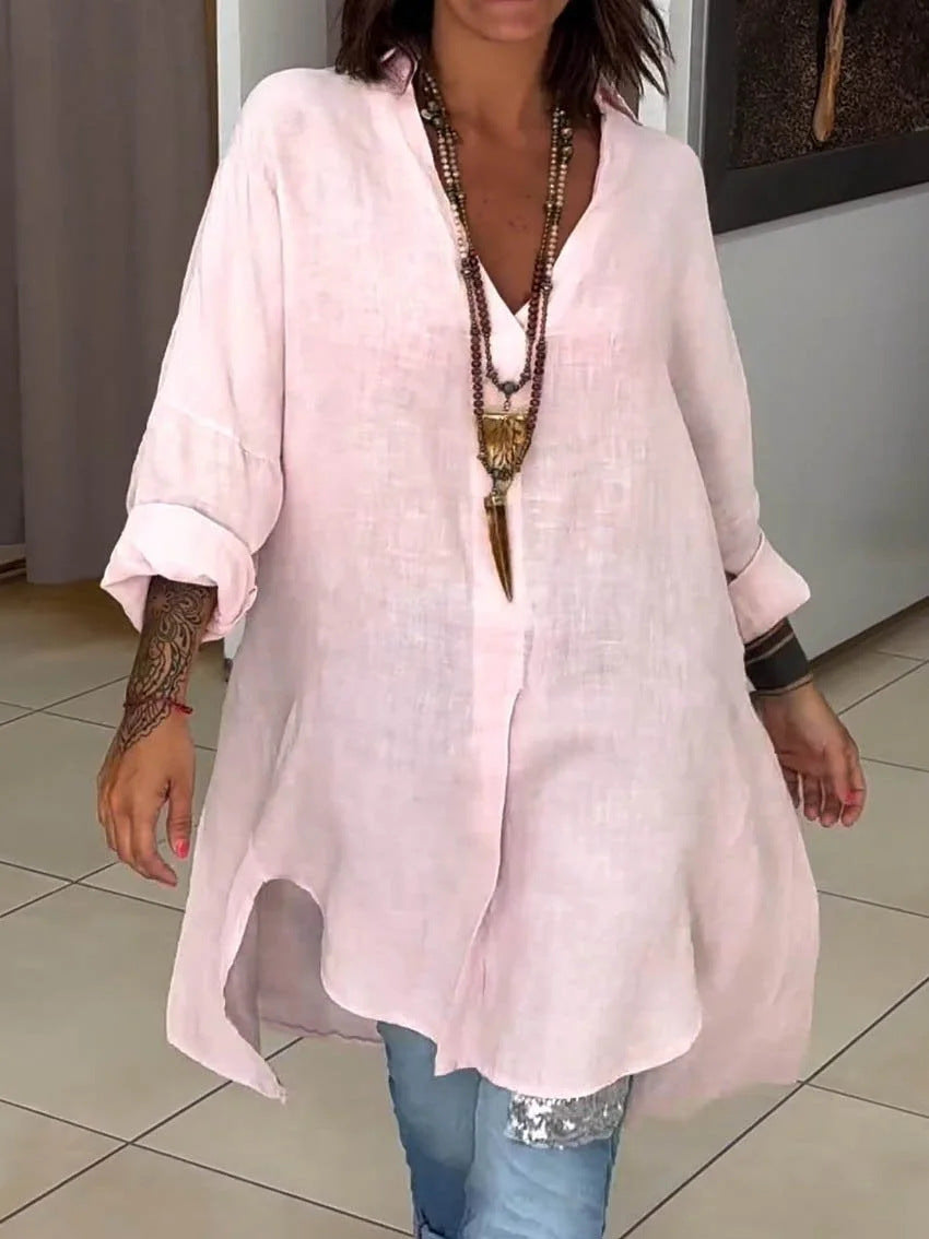Sigrid | Damen Oversized Longbluse Hemdkragen Langarm - Cream - Image 2