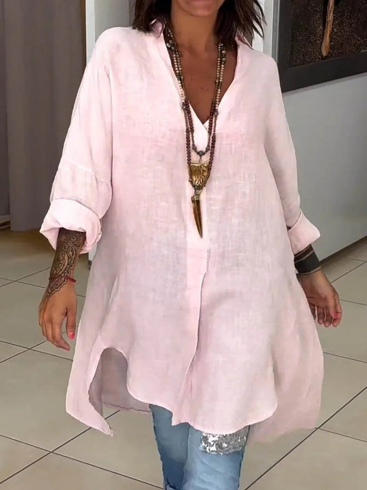 Sigrid | Damen Oversized Longbluse Hemdkragen Langarm - Cream - Image 2