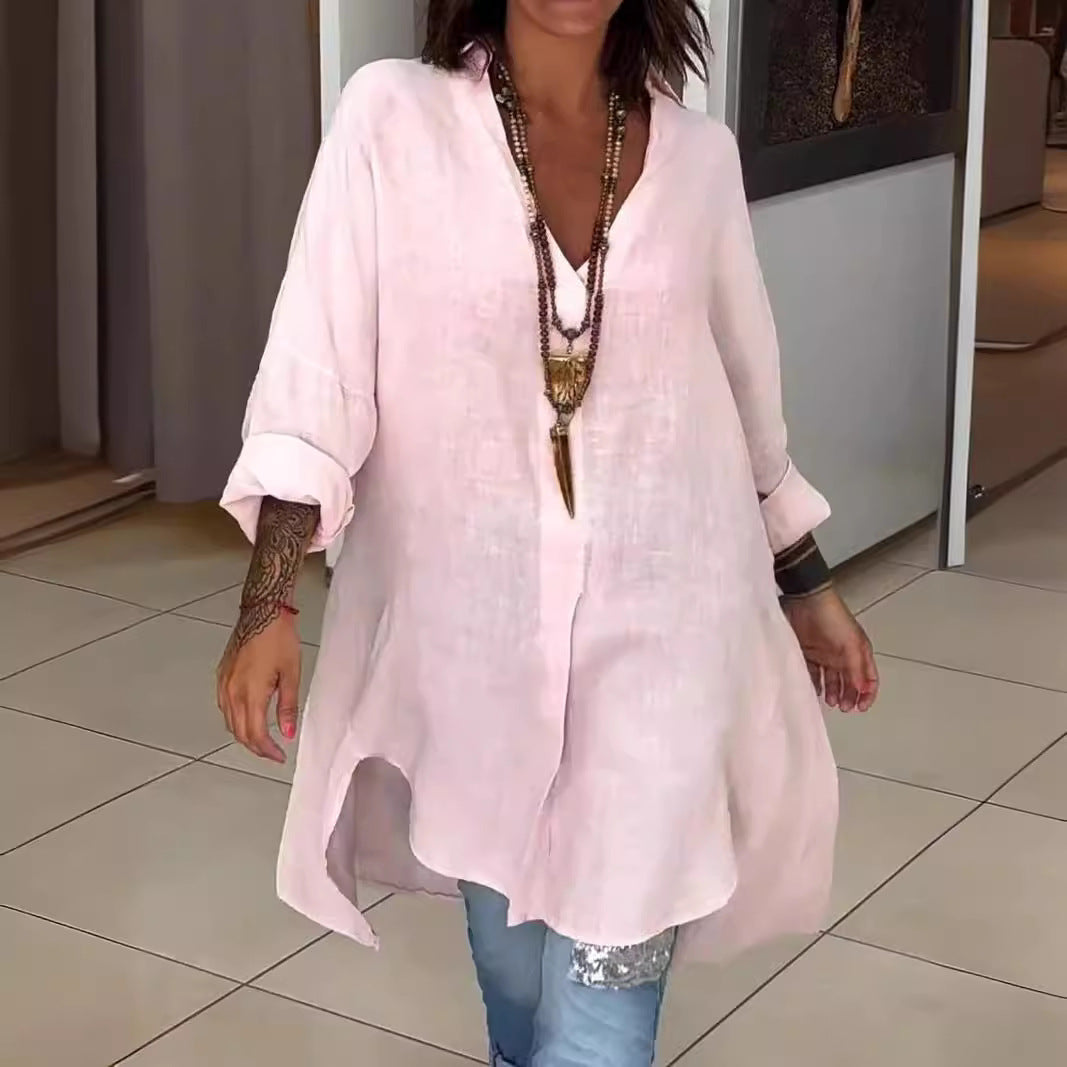 Sigrid | Damen Oversized Longbluse Hemdkragen Langarm - Cream - Image 5