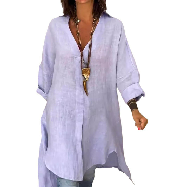 Sigrid | Damen Oversized Longbluse Hemdkragen Langarm - Cream - Image 6