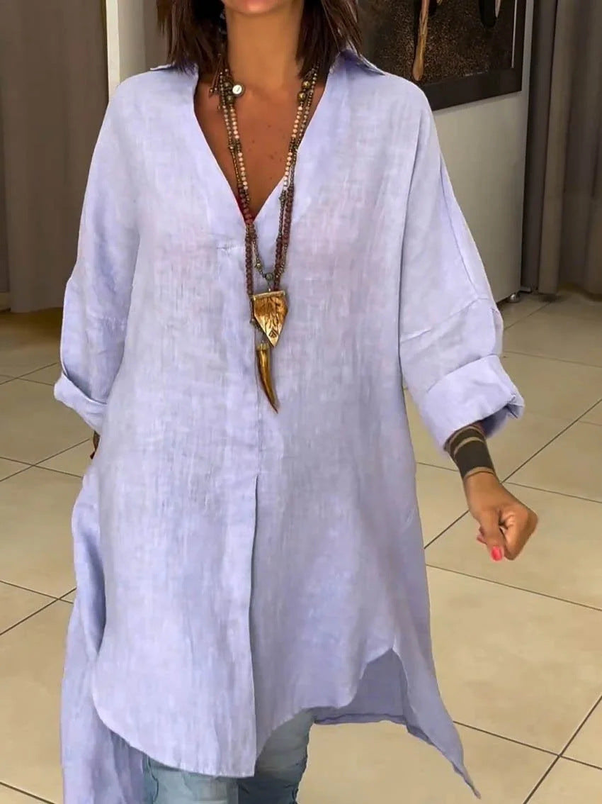 Sigrid | Damen Oversized Longbluse Hemdkragen Langarm - Cream - Image 8