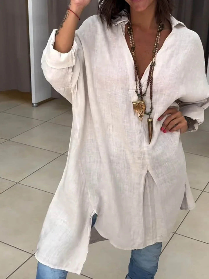 Sigrid | Damen Oversized Longbluse Hemdkragen Langarm - Cream - Image 9