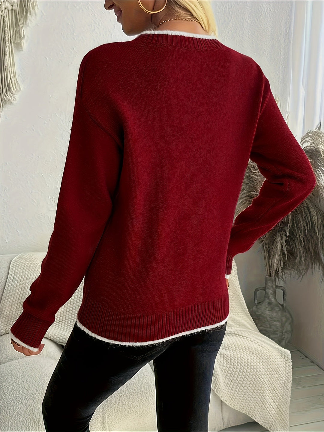 Sigrid | Damen Weihnachtspullover Schneeflocke Strickpullover - Burgundy - Image 3