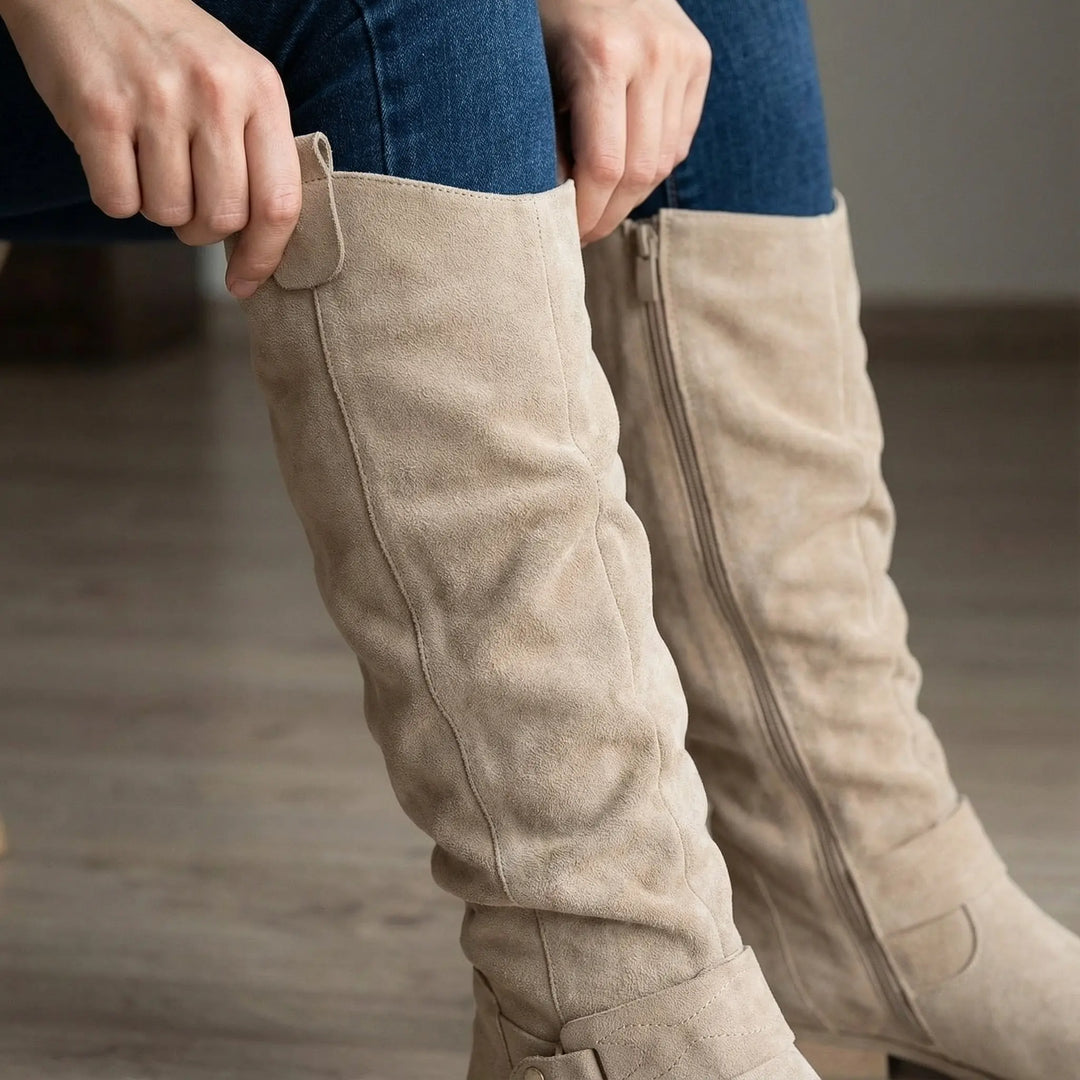 Sigrun | Damen Kniehohe Stiefel Slouch-Optik - Taupe - Image 7