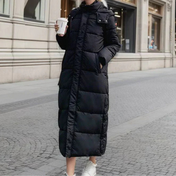 Sigunda | Damen Langer Steppmantel mit Kapuze - Black - Image 1