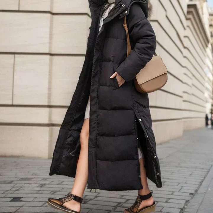 Sigunda | Damen Langer Steppmantel mit Kapuze - Black - Image 2