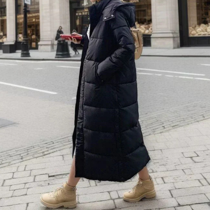 Sigunda | Damen Langer Steppmantel mit Kapuze - Black - Image 9