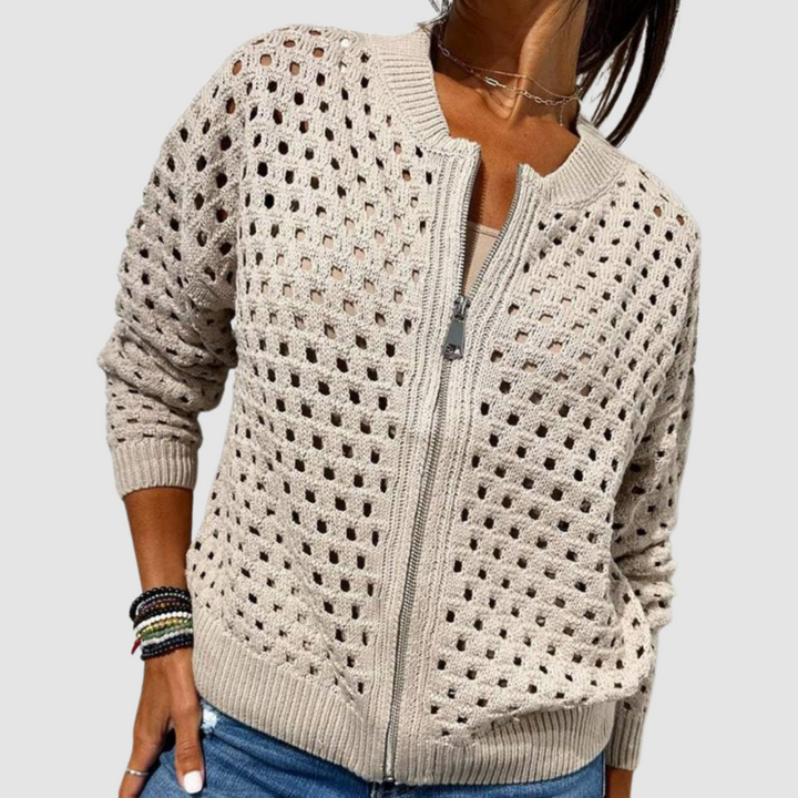 Sigwara | Damen Strickjacke Lochstrick Reißverschluss - Beige - Image 1