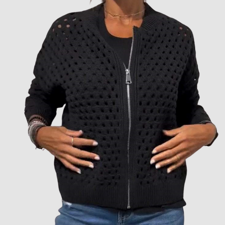 Sigwara | Damen Strickjacke Lochstrick Reißverschluss - Beige - Image 2