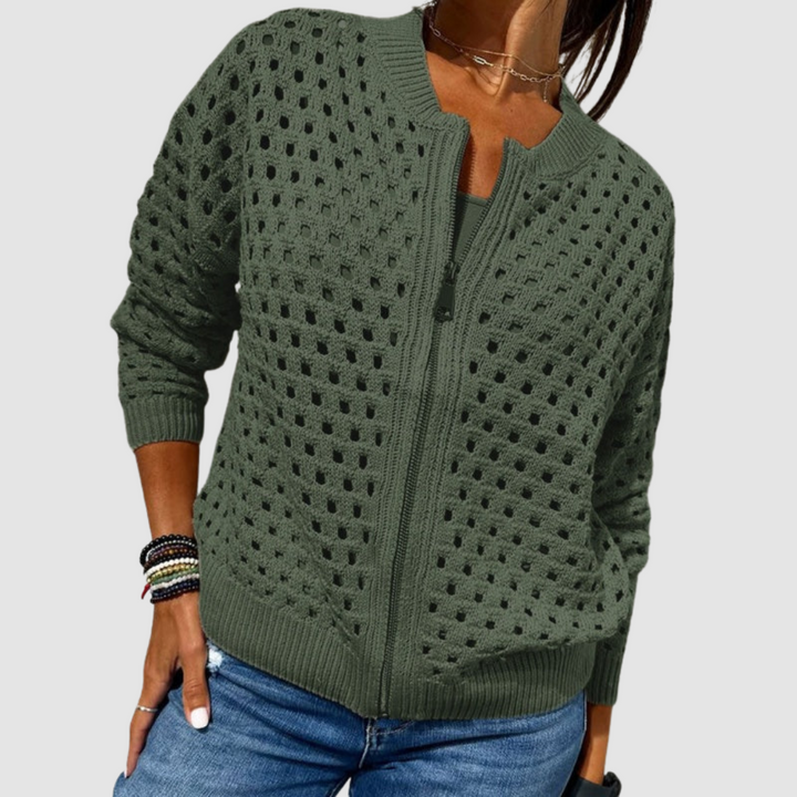 Sigwara | Damen Strickjacke Lochstrick Reißverschluss - Beige - Image 3