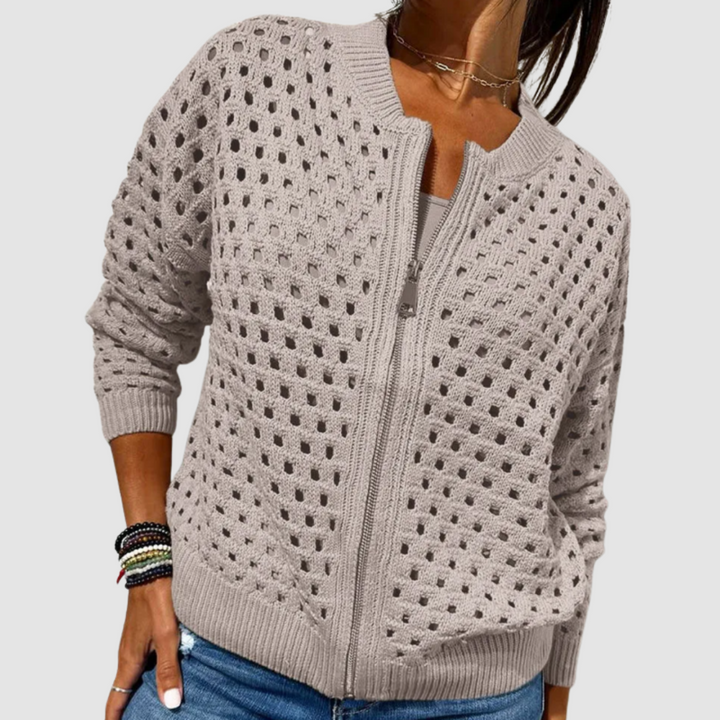 Sigwara | Damen Strickjacke Lochstrick Reißverschluss - Beige - Image 4