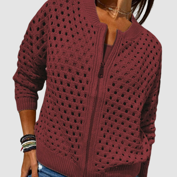 Sigwara | Damen Strickjacke Lochstrick Reißverschluss - Beige - Image 6