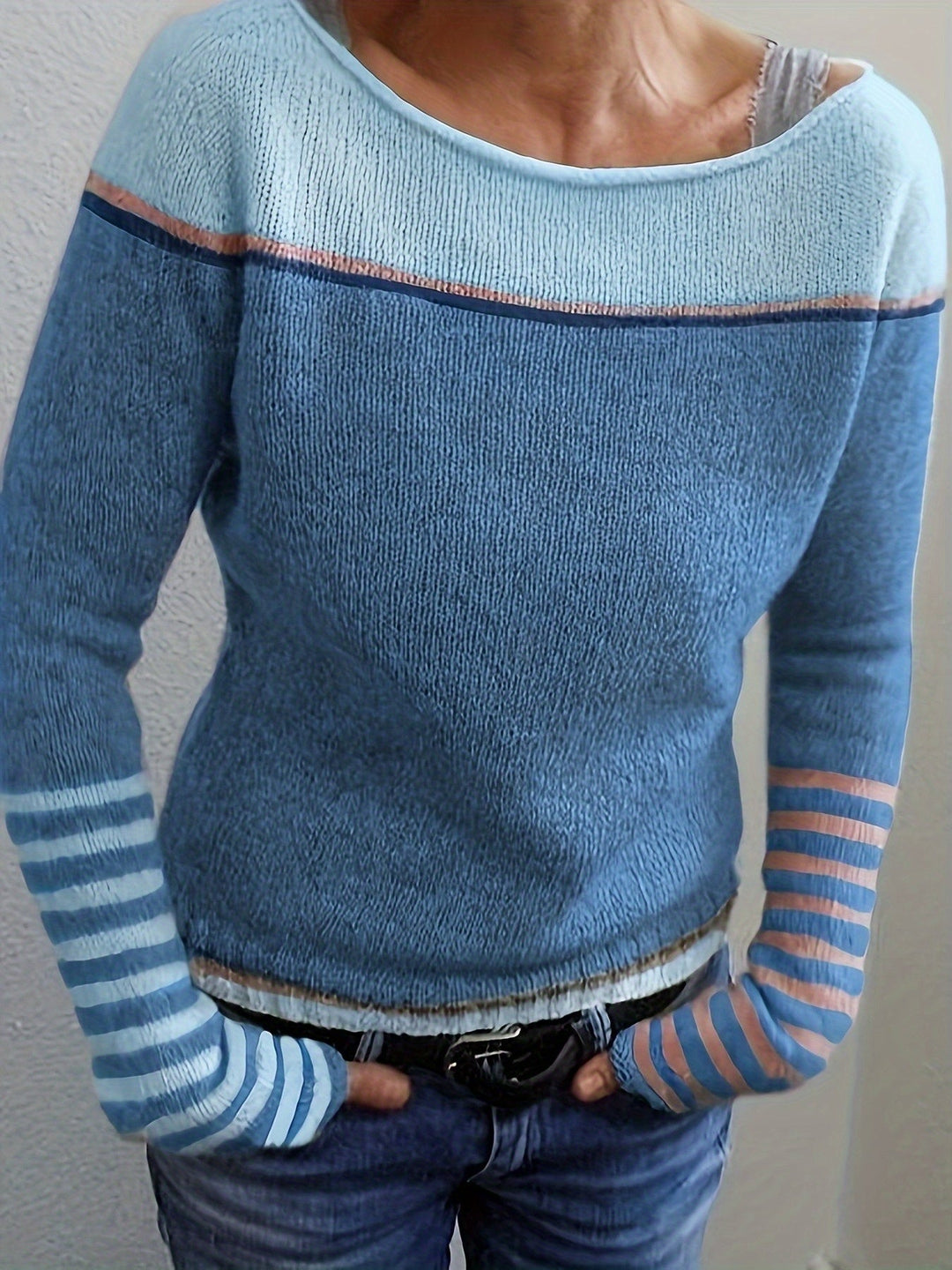 Silvane | Damen Strickpullover Bootausschnitt Langarm - Light Blue - Image 1