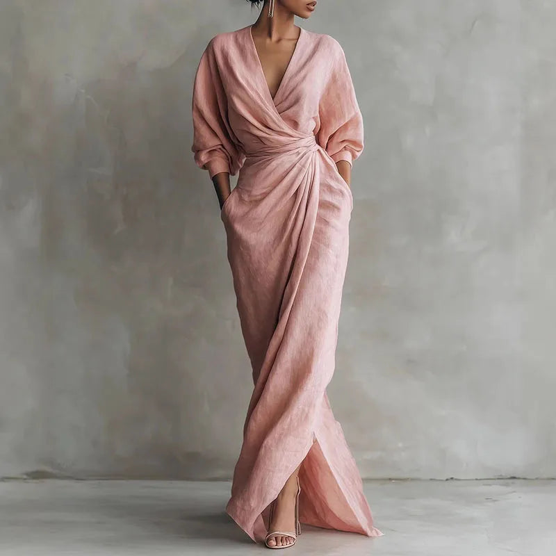 Solange | Damen V-Ausschnitt Langarm Wickelkleid - Pink - Image 1