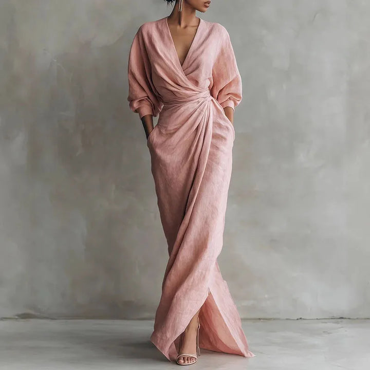 Solange | Damen V-Ausschnitt Langarm Wickelkleid - Pink - Image 1
