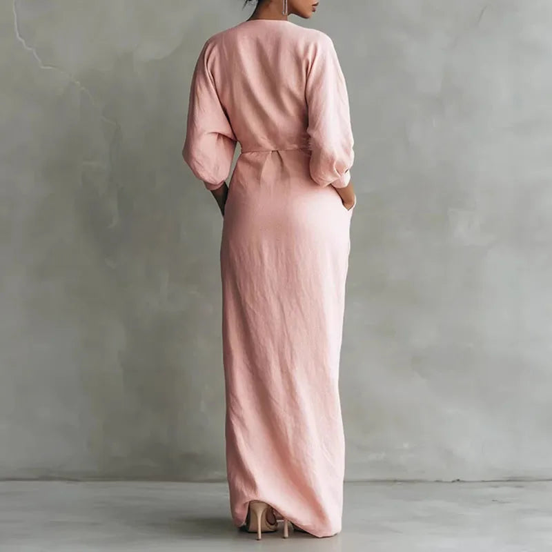 Solange | Damen V-Ausschnitt Langarm Wickelkleid - Pink - Image 2
