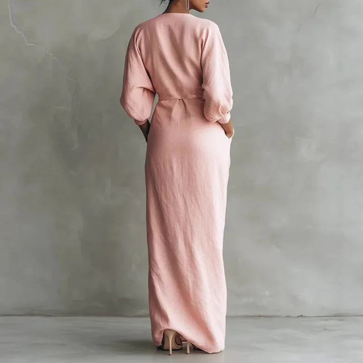 Solange | Damen V-Ausschnitt Langarm Wickelkleid - Pink - Image 2