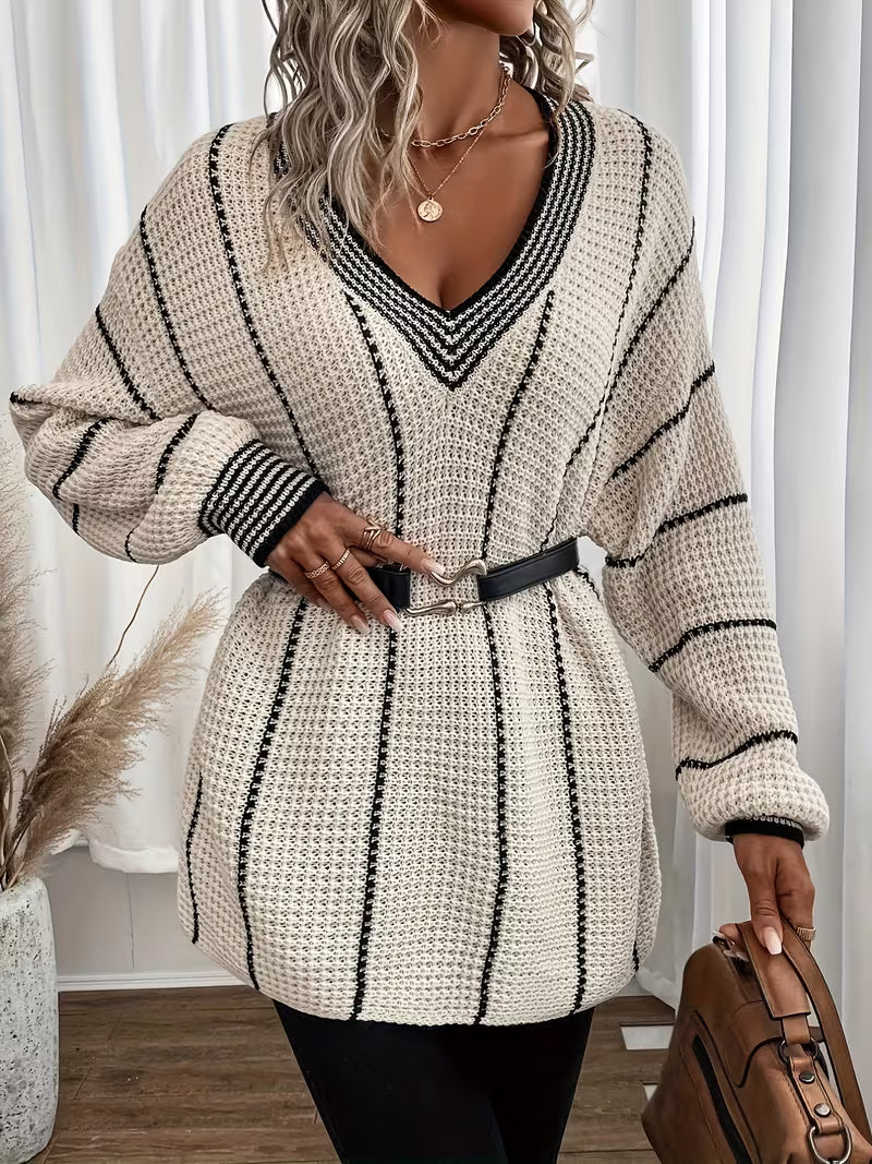 Solbeke | Damen Oversize Strickpullover mit V-Ausschnitt - Cream - Image 4