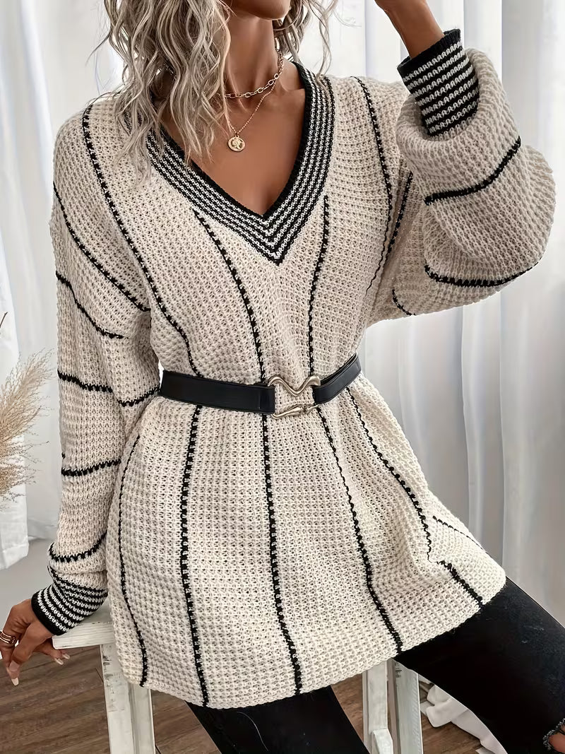 Solbeke | Damen Oversize Strickpullover mit V-Ausschnitt - Cream - Image 5