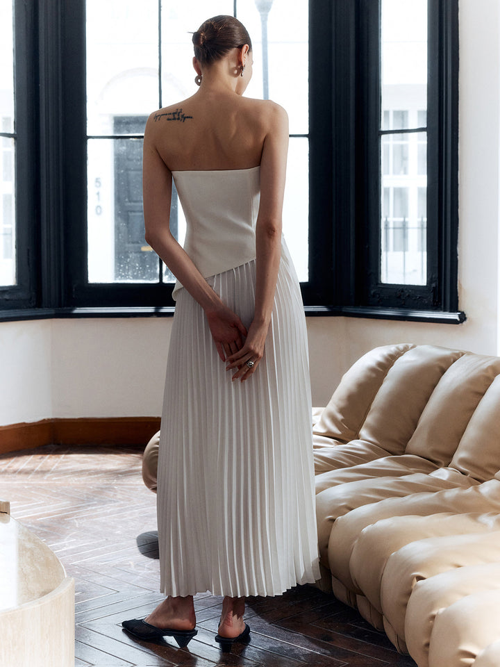 Ivory | Damen Trägerlos Midikleid Plissee mit Schlitz, elegant