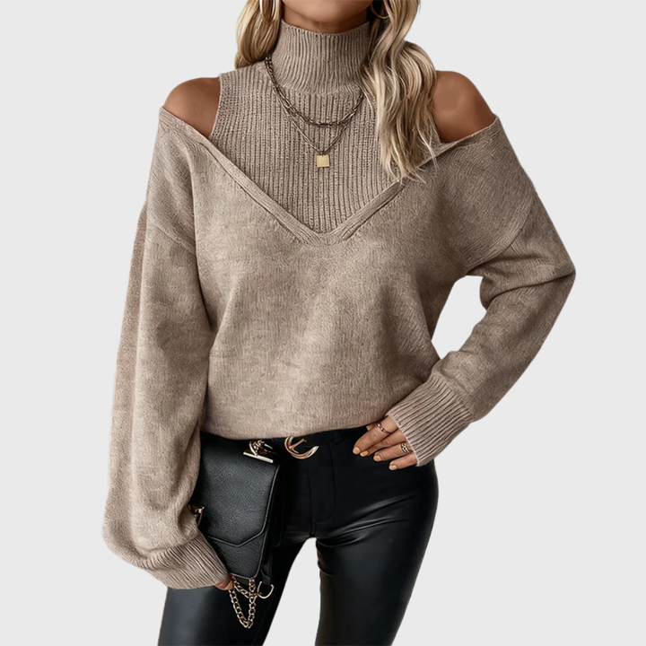 Solmeira | Damen Schulterfreier Rollkragen Strickpullover - Taupe - Image 1
