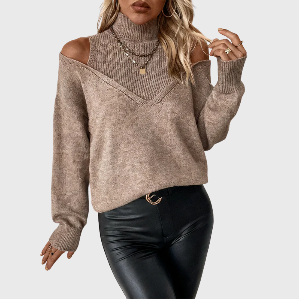 Solmeira | Damen Schulterfreier Rollkragen Strickpullover - Taupe - Image 3