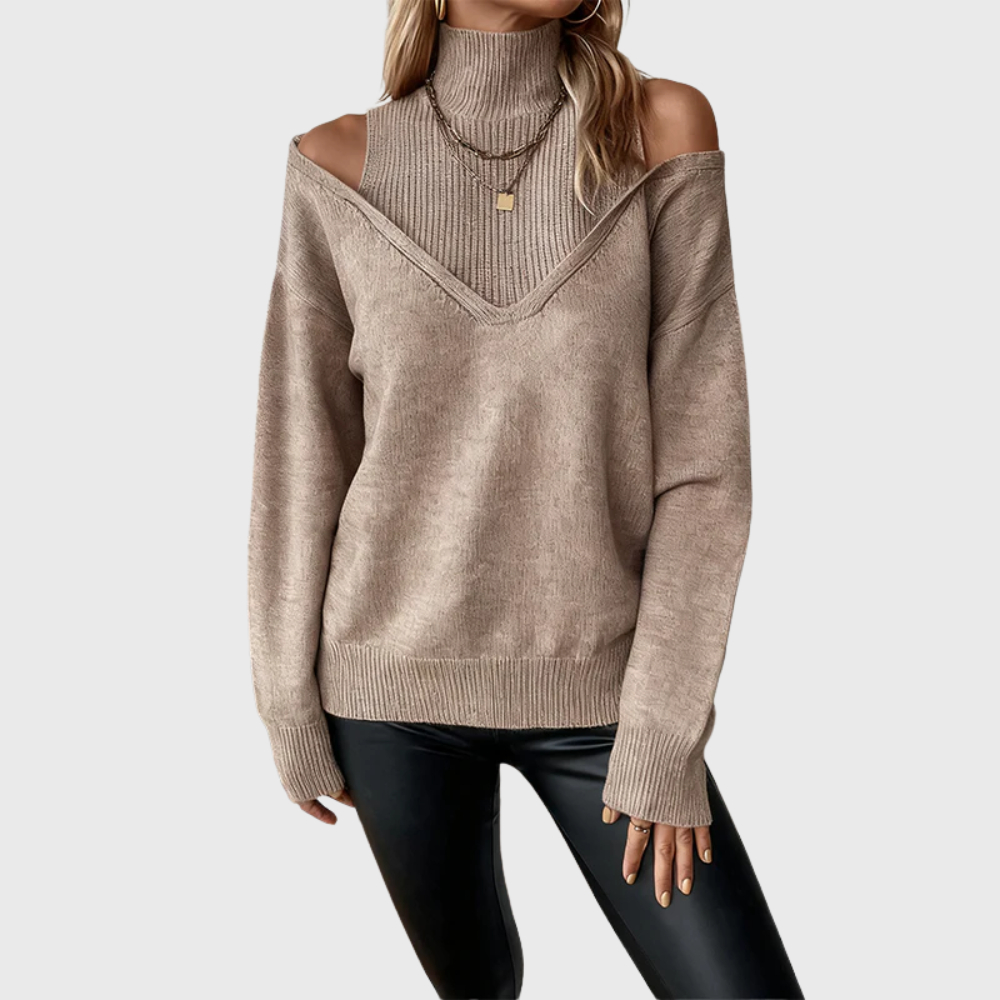 Solmeira | Damen Schulterfreier Rollkragen Strickpullover - Taupe - Image 4