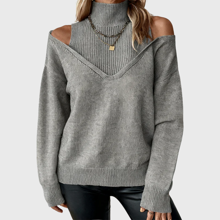 Solmeira | Damen Schulterfreier Rollkragen Strickpullover - Taupe - Image 5