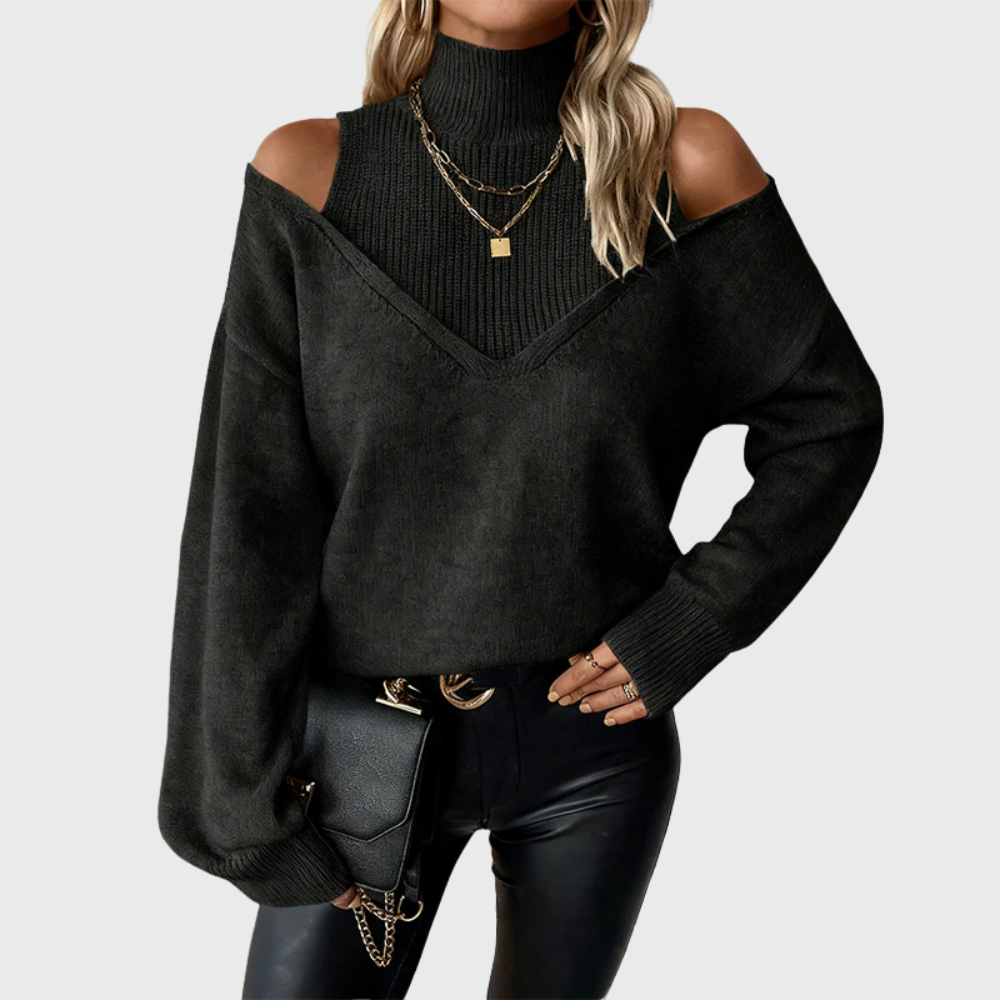 Solmeira | Damen Schulterfreier Rollkragen Strickpullover - Taupe - Image 6