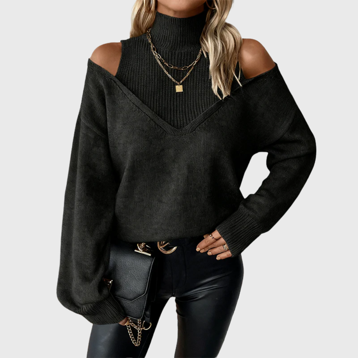 Solmeira | Damen Schulterfreier Rollkragen Strickpullover - Taupe - Image 6