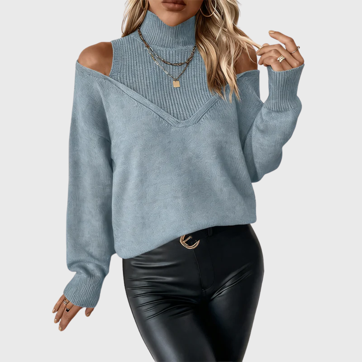 Solmeira | Damen Schulterfreier Rollkragen Strickpullover - Taupe - Image 7
