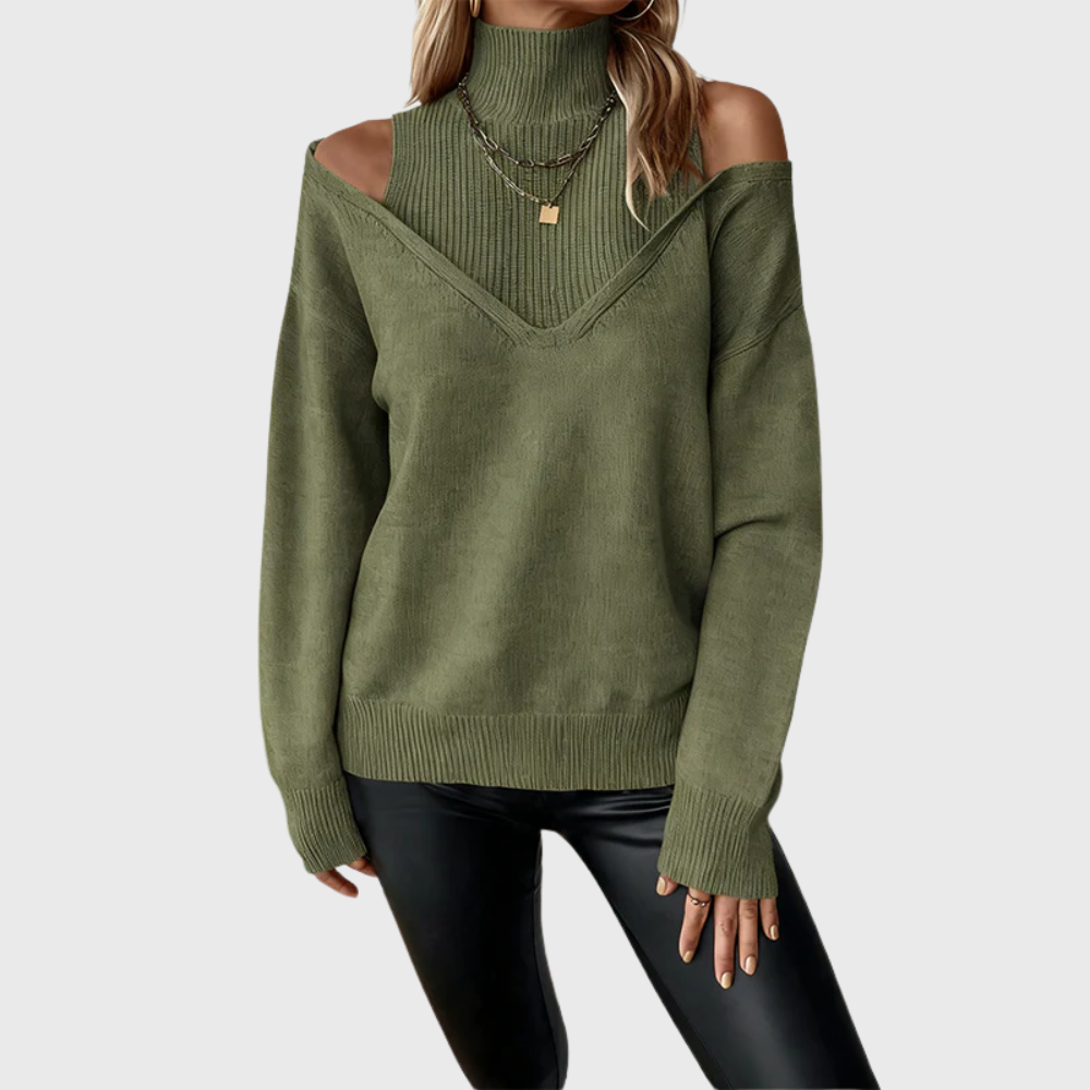 Solmeira | Damen Schulterfreier Rollkragen Strickpullover - Taupe - Image 8