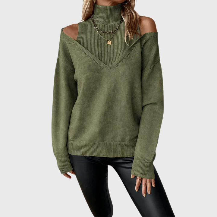 Solmeira | Damen Schulterfreier Rollkragen Strickpullover - Taupe - Image 8