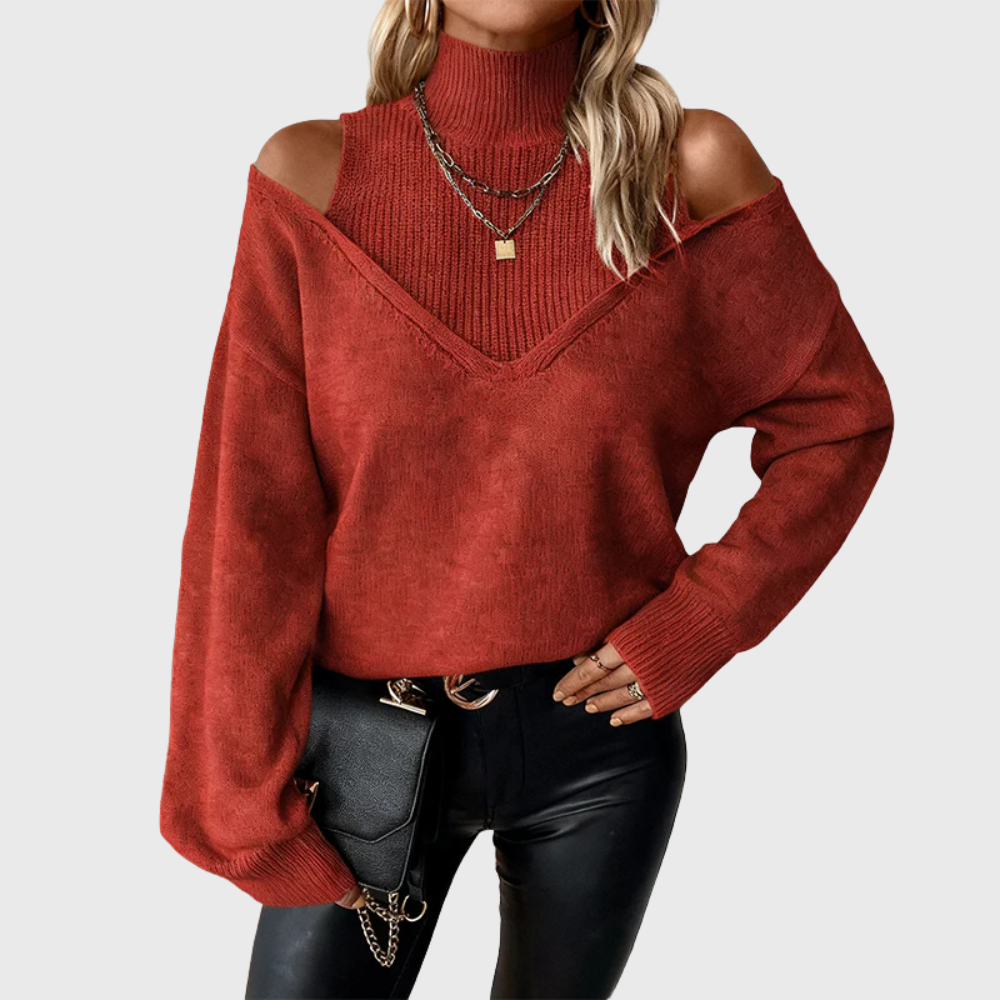 Solmeira | Damen Schulterfreier Rollkragen Strickpullover - Taupe - Image 9