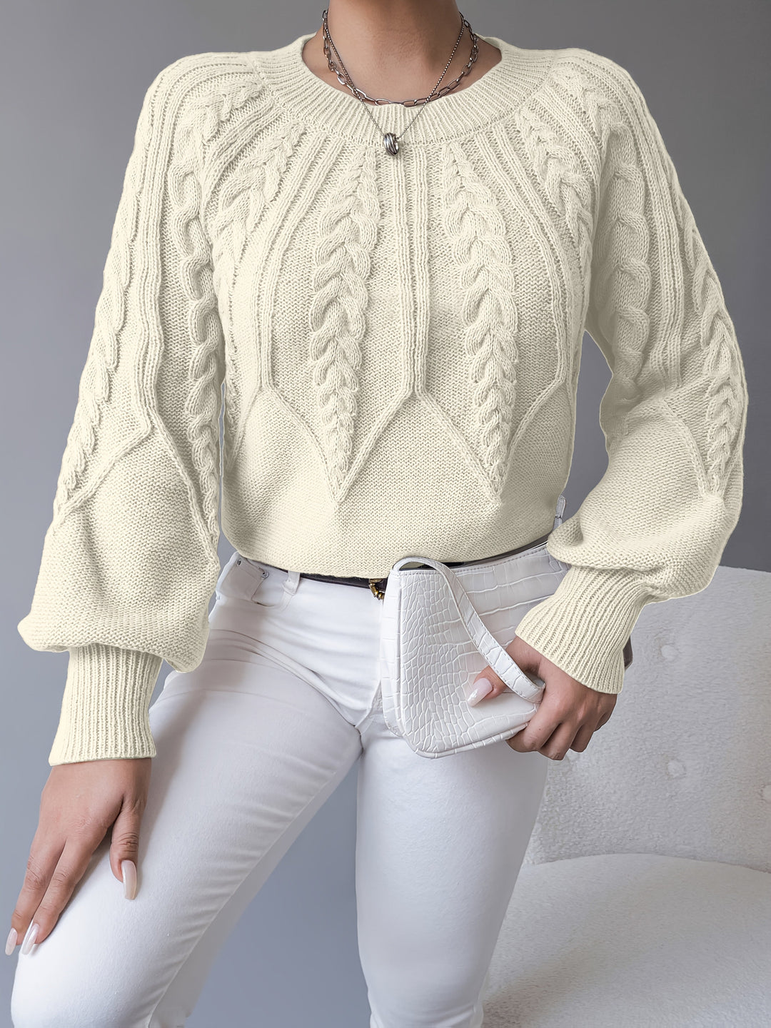 Solvanda | Damen Zopfmuster Strickpullover mit Lärmelärmeln - Taupe - Image 12