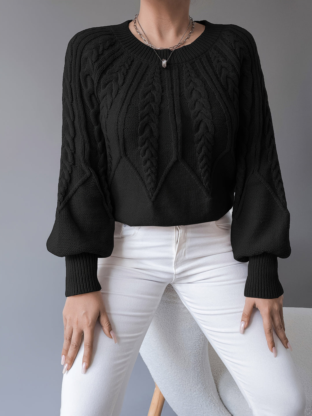 Solvanda | Damen Zopfmuster Strickpullover mit Lärmelärmeln - Taupe - Image 18