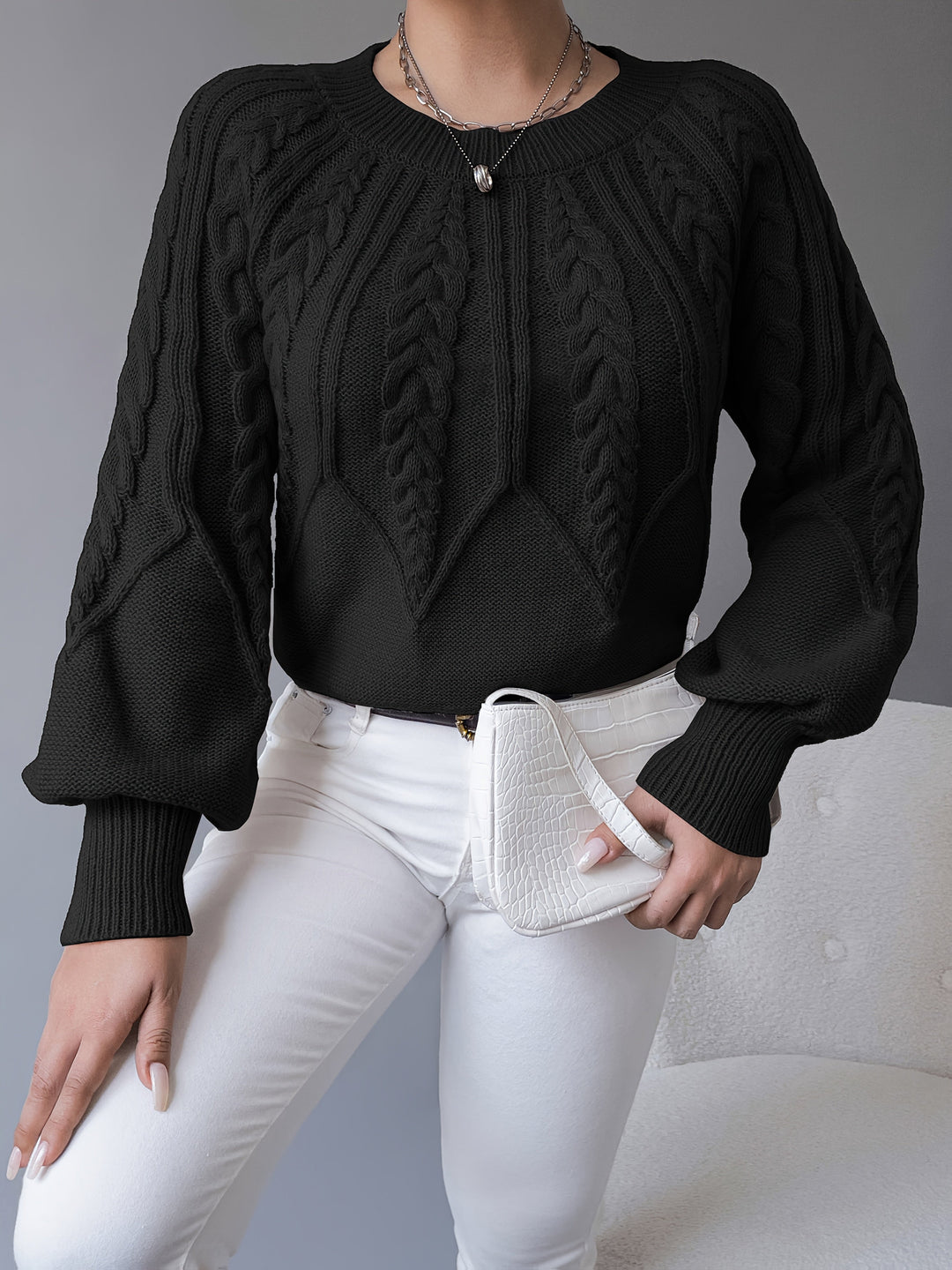 Solvanda | Damen Zopfmuster Strickpullover mit Lärmelärmeln - Taupe - Image 21