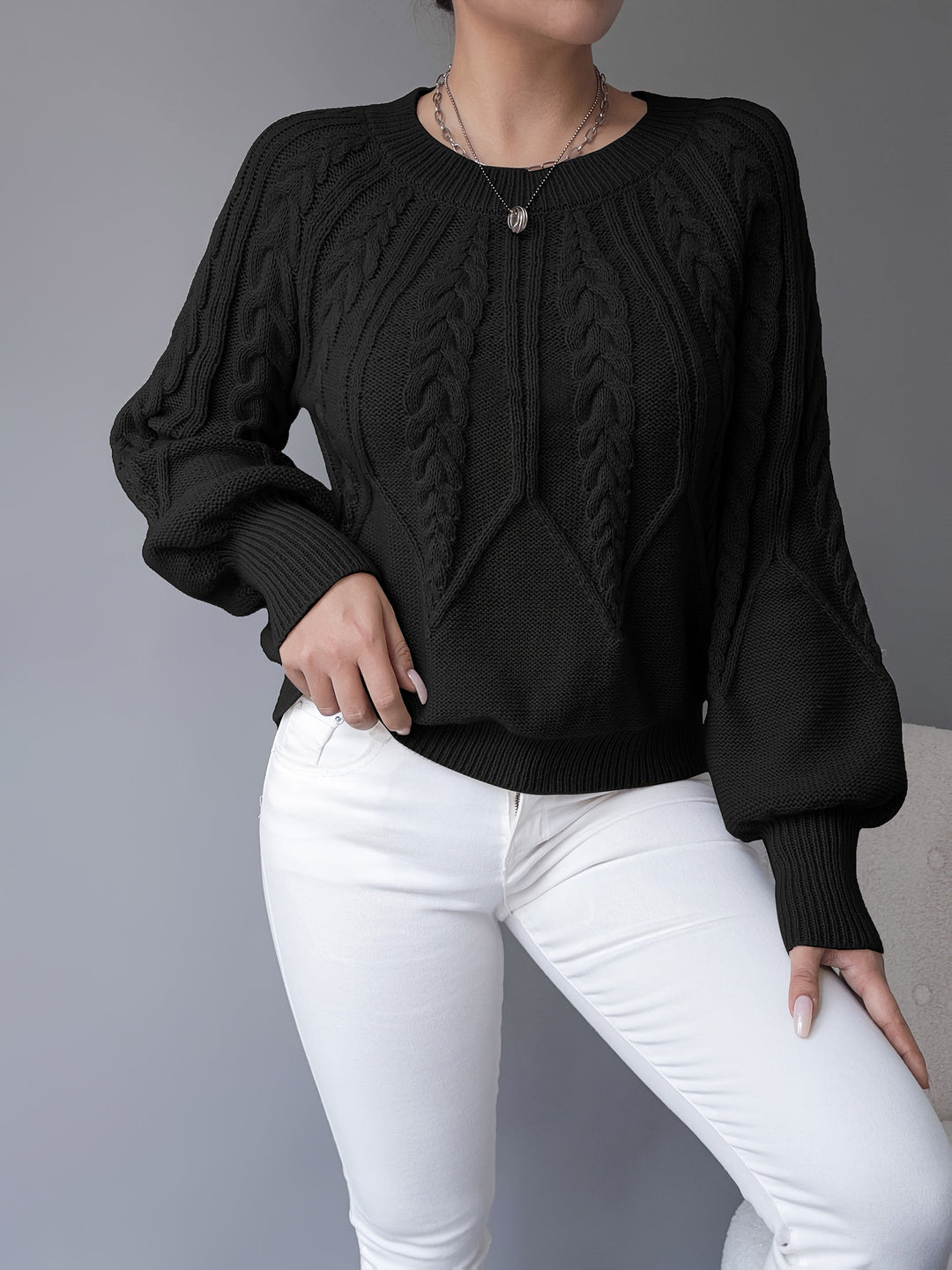 Solvanda | Damen Zopfmuster Strickpullover mit Lärmelärmeln - Taupe - Image 25