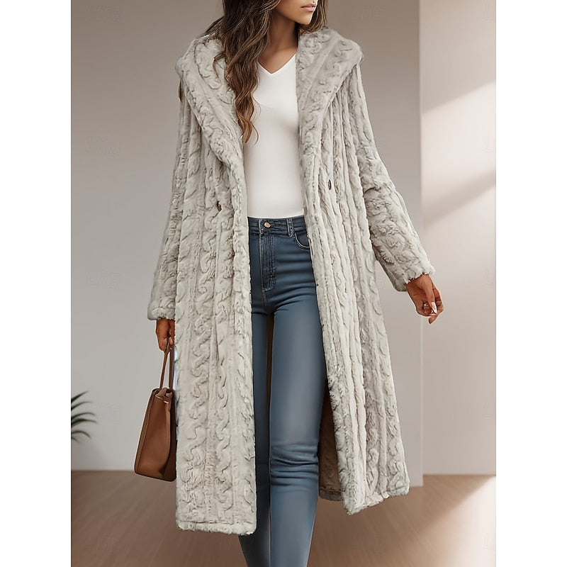 Solvanta | Damen Langer Kunstfell-Mantel mit Kapuze - Light Grey - Image 1