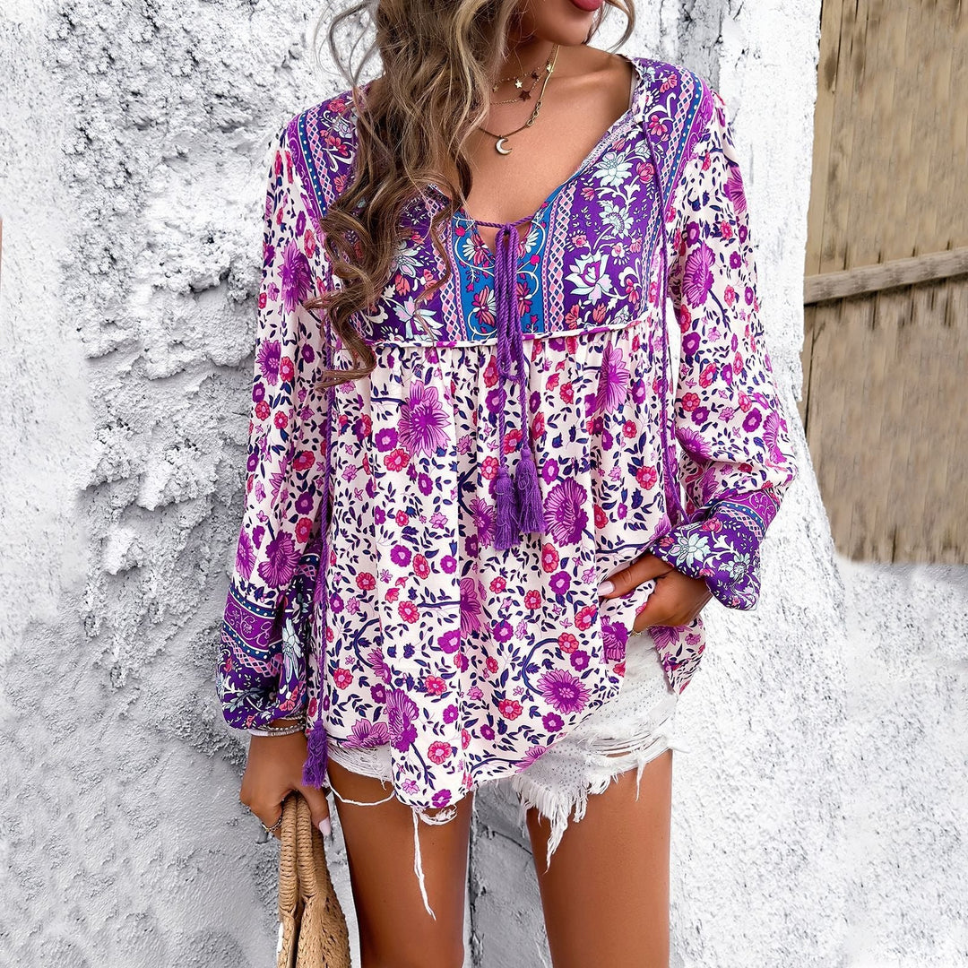 Solveig | Damen Boho Bluse Blumenprint V-Ausschnitt Langarm - Image 2