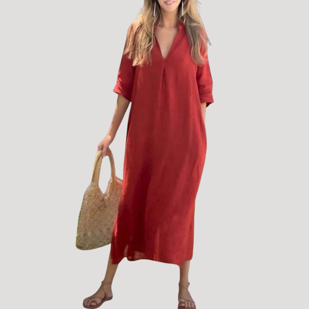 Solveig | Damen Midikleid mit V-Ausschnitt Relaxed Fit - Red - Image 1